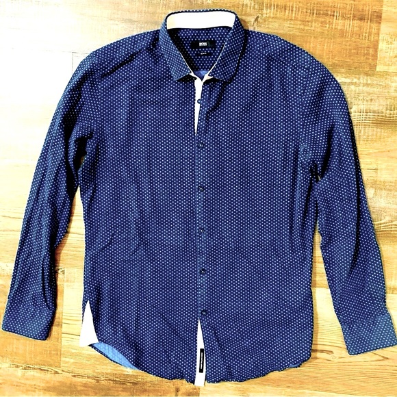 BOSS By Hugo Boss Navy Blue & Pink Geometric L/S men’s shirt size 16, 41 - Picture 1 of 4